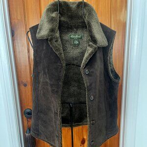 Eddie Bauer Suede Leather Vest Brown Faux Fur Lined